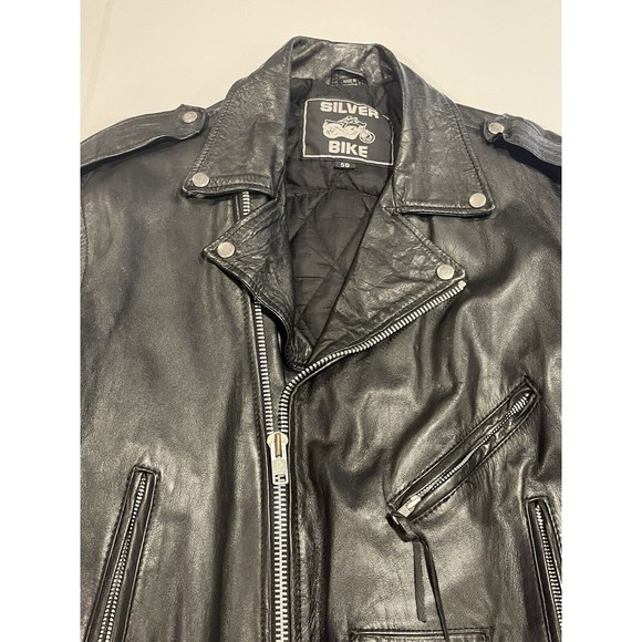 Silver Bike Leather Motorcycle Jacket Vintage 80's Coat Full Back Patch Size 50 - Picture 3 of 16